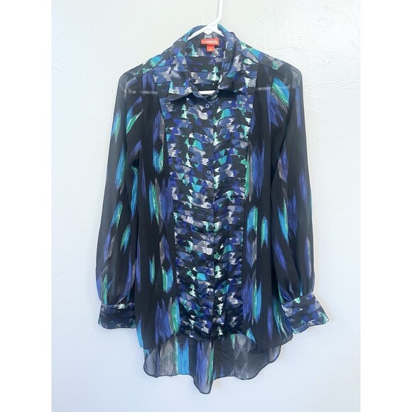 KIRNA ZABETE Blue Black Hi Low Ruffle Multi Print Top Small Tunic Artsy Art - Picture 2 of 9